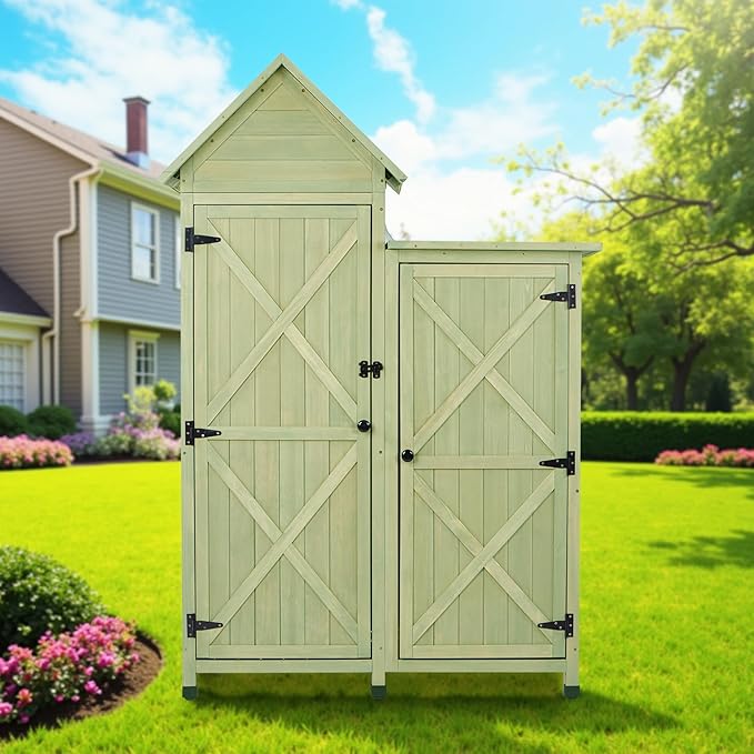 Outdoor Storage Cabinet - Waterproof Metal Roof & Wooden Vertical Design, Tall Garden Tool Shed with Multiple Shelves for Patio, Backyard, Lawn, Yard (Green, 22" x 46" x 67")