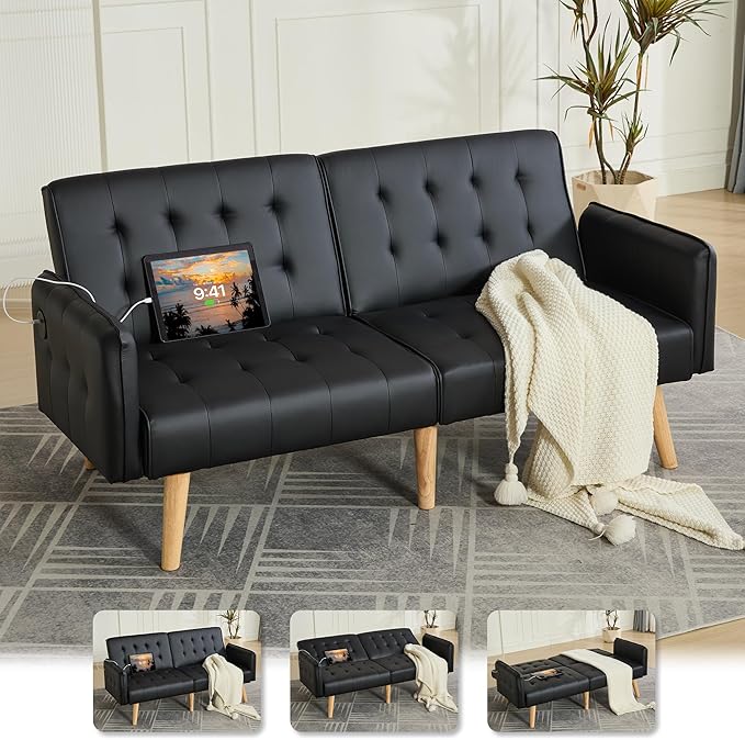 TYBOATLE Faux Leather Convertible 65'' Folding Futon Sofa Bed w/ 2 USB, Loveseat for Small Space, Apartment, Dorm, Living Room, Office, Black