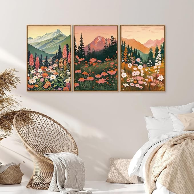 Tinonedraw Mountain Wildflower Framed Canvas Wall Art Set, Boho Mountains Landscape Wall Decor, Modern Floral Forest Scenery Artwork, Neutral Nature Art Prints for Living Room Bedroom Office 24"x36"x3