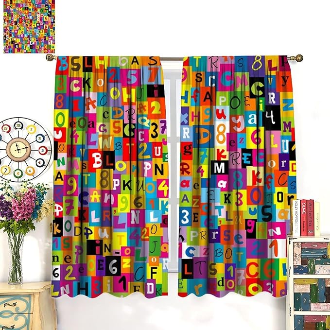 ABC Alphabet Curtains Colorful Art Patchwork Alphabet Graffiti Cartoon Print Curtain with Rod Pocket for Bedroom Living Room Home Decor Drapes Window Treatments 2 Panels Set 52" W X 84" L