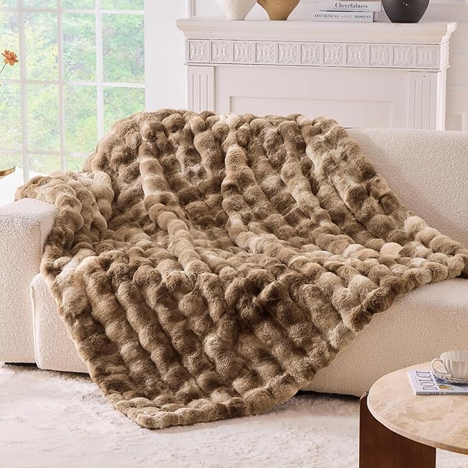BENVWE Fluffy Faux Fur Throw Blanket for Couch - Soft, Plush, Thick, Cozy, Fuzzy Luxury Minky Bubble Blanket for Home Living Room Decor, Gifts for Women, Tie-dye Brown, 63" x 80", 1100GSM