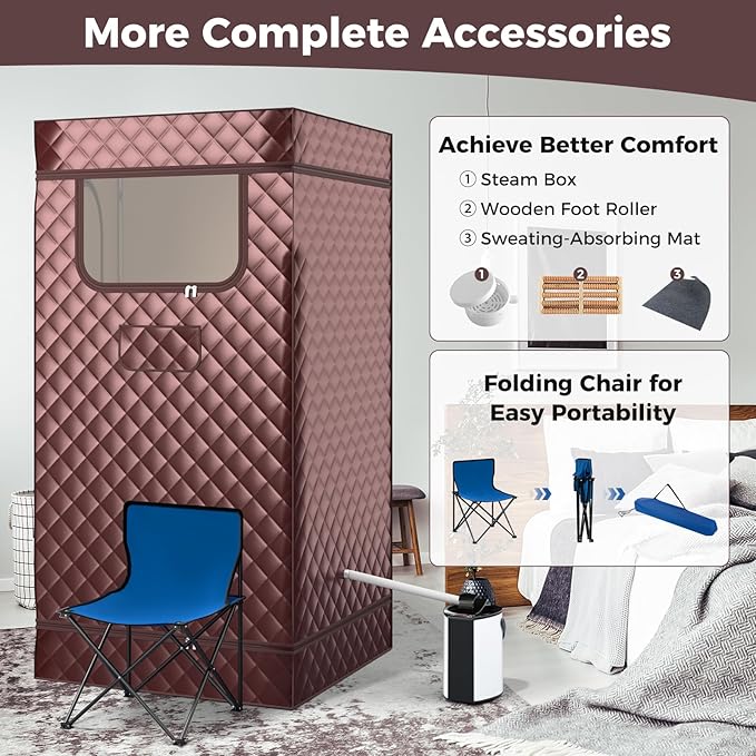 Giantex Portable Sauna Box, Full Body Steam Sauna for Home with 3L Generator, Remote Control, Folding Chair & Wooden Foot Roller, Lightweight Single Person Sauna Tent, 36" x 36" x 72", Coffee