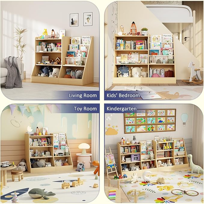 39" Large Kids Wooden Bookshelf and Toy Storage Organizer, Baby Bookcase with Sling Book Rack, Children Toddler Wooden Book Shelf for kids rooms, Playroom, Classroom, Nursery, School (Natural)