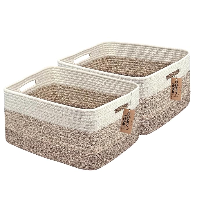 COMFY-HOMI 2 pcs Large Storage Baskets for Shelves, Laundry Basket, Woven Rope Basket, Closet Organizer Bins for Clothes Blanket Towels, Baby Nursery, Gift Toy Baskets, 17” x 13” x 7.5”-White/3 Brown