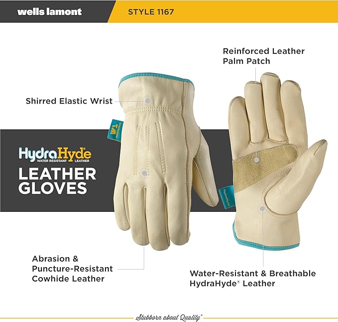 Wells Lamont Women's Water-Resistant Leather Work Gloves | Puncture Resistant, Reinforced, HydraHyde | Medium (1167M)