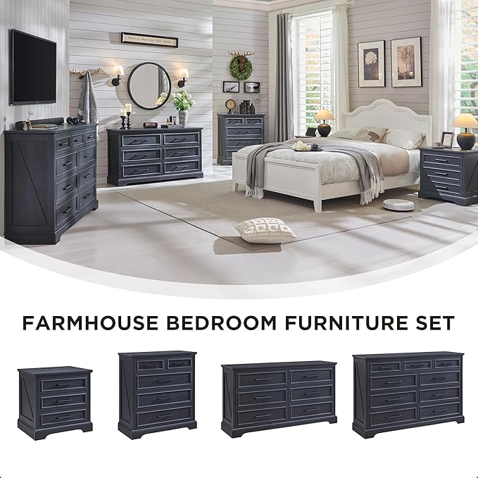 ACCOHOHO Farmhouse 6 Drawer Dresser for Bedroom, 52 Inch Wide Modern Dresser TV Stand with Large Drawers & Bar Handles, Rustic Wood Chest of Drawers for Bedroom, Living Room, Hallway, Black