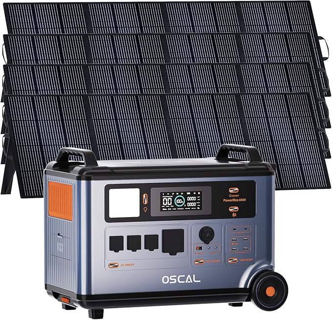 OSCAL 6000W Solar Generator(2025 New),120V/240V Split Phase Voltage Portable Power Station PowerMax 6000 with 4×200W Panel, 4 * 6000w AC Output (9000W Surge),2400W MPPT Solar for Emergency 001