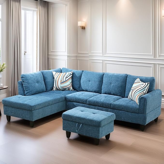 L Shaped Sectional Couches for Living Room, Modern Modular Sectional Sofa with Ottoman Storage, Comfy L Shaped Couch with Chaise for Bedroom Apartment Furniture, Blue