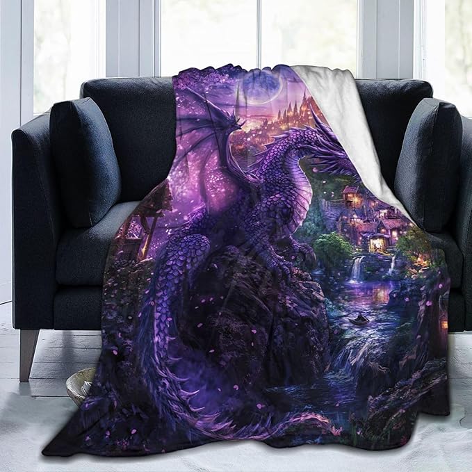 Dragon Blanket Purple Throw Blankets for Girls Boys Soft Warm Cool Mysterious Castle Throws Flannel Fleece Plush Animal Gifts for Kids Men Women Adults for Bed Sofa Bedding Decor 60"x50"