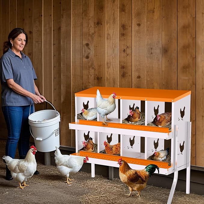 Chicken Nesting Boxes, 8-Hole Roll Away Nest Box for Chicken Coop, Metal Egg Laying Box with Perch & Lid Cover to Protect Eggs, Rollout Egg Collection, Vented Holes- with Legs Orange