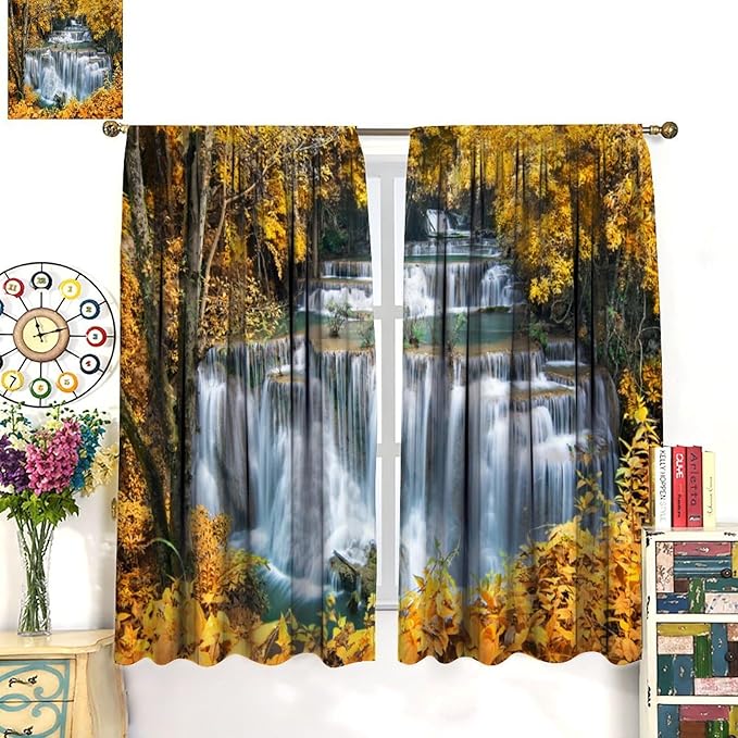 Waterfall Blackout Curtain, Autumn Season Trees Leaves Natural Landscape Window Drapes, for Bedroom Living Room 63" W X 63" L