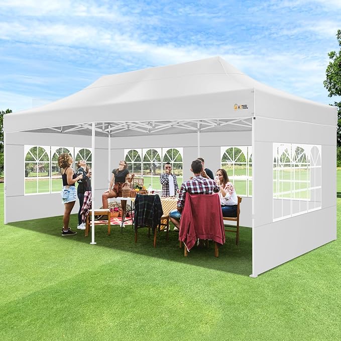 HOTEEL 10x20 Pop up Canopy Tent for Parties, Heavy Duty Easy Setup Tent with 6 Sidewalls, Outdoor Commercial Instant Gazebo for Wedding Event, with Roller Bag & Sand Bags, White(Hexagonal Frame)