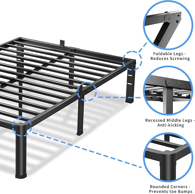 16 Inch Queen Bed Frame, 3500Lbs Heavy Duty Metal Platform with Round Corner Legs Mattress Slide Stopper, Steel Slat Support No Box Spring Needed, Noise Free, Non-Slip, Easy Assembly