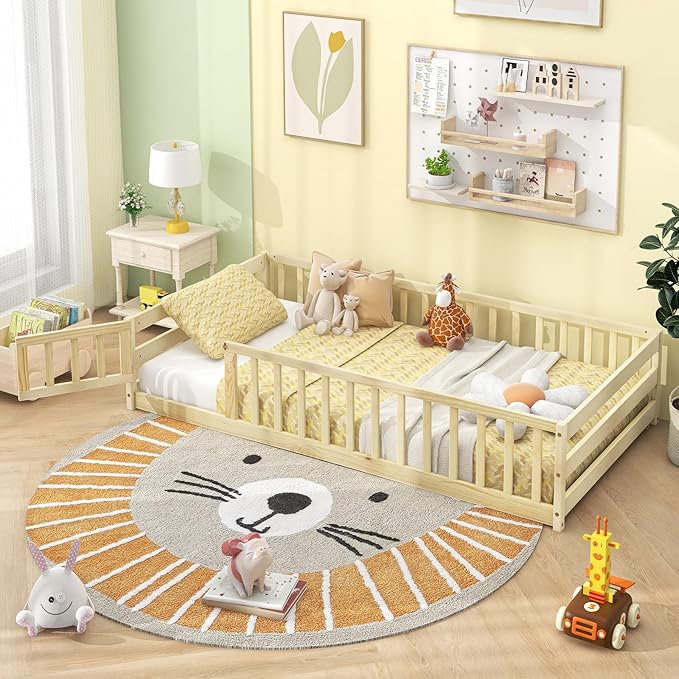 Giantex Twin Floor Bed with Door & Fence, Kids Wood Montessori Beds with Safety Guardrails, Floor Bed Twin for Kids, Boys, Girls, No Box Spring Needed, Natural