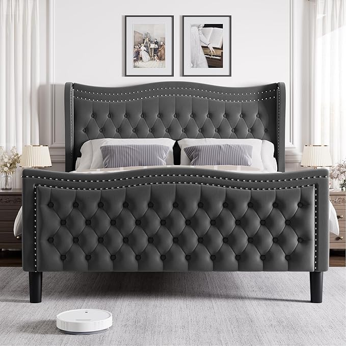 Full Bed Frame with Tall Headboard & Footboard, Velvet Upholstered Platform Bed Frame with Deep Button Tufted Wingback, No Box Spring Needed, Noise Free, Grey