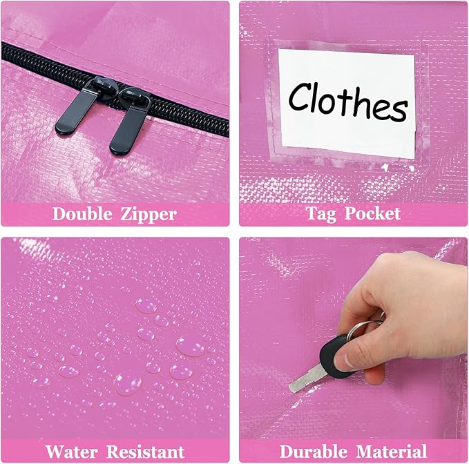 4 Pcs 24 Gallon Large Moving Bags with Zipper and Handles Foldable Storage Duffle Bags Heavy Duty Extra Large Totes for College Dorm Travel Clothes Blankets Bedding Moving (Pink)