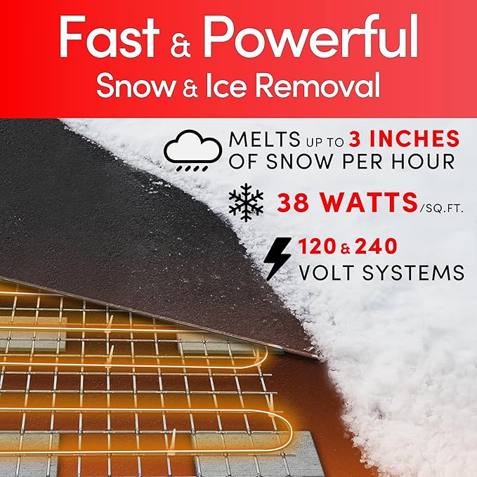Electric Snow and Ice Melting Underground Cable 63 feet, Covers 21 sqft at up to 38 Watts/sqft, 120V – Radiant Heated Driveways, Walkways, Stairs – Installs Under Concrete, Asphalt, or Pavers