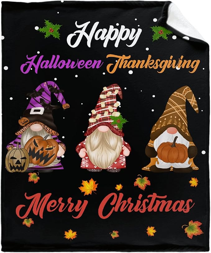 Thuswarm Happy Halloween Thanksgiving Christmas Flannel Throw Blanket Soft Warm Gnomes Print Blankets for Bed Couch Sofa Room Decoration Gifts 50”×40” Small for Kid