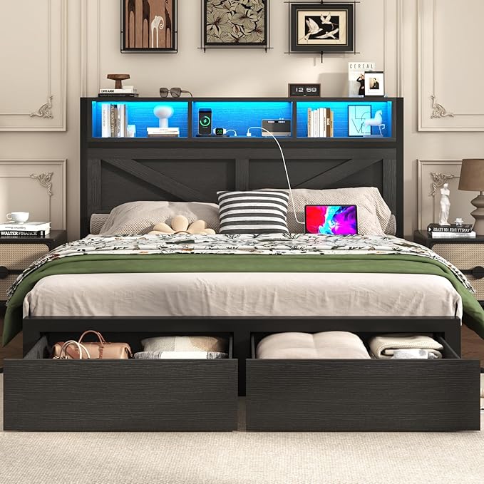 Farmhouse Queen Bed Frame with Bookcase Storage Headboard, Charging Station