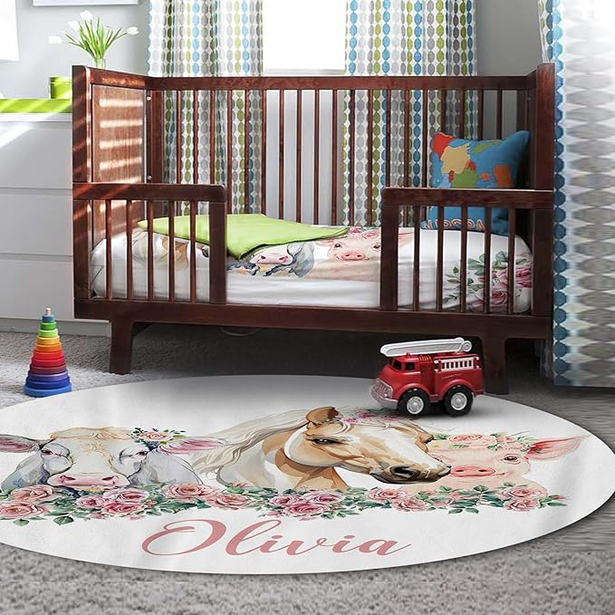 Personalized Nursery Crib Bedding Set: Custom Name Pink Floral 5 Piece Baby Crib Sets with Horse Pattern - Toddler Double Layer Blanket Set, Comfortable Crib Bed Sheets for Baby Grils