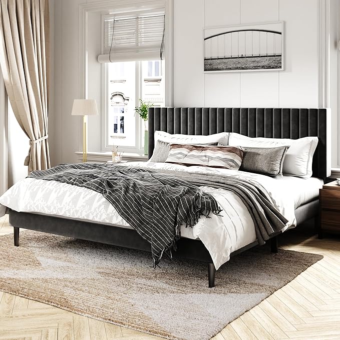 King Size Bed Frame with Velvet Upholstered Headboard, Platform Bed with Strong Wood Slats, Mattress Foundation, Box Spring Optional, Easy Assembly, Black