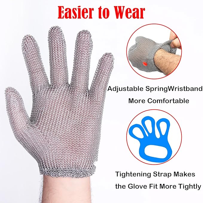 Highest Level Cut Resistant Gloves Food Grade,Chainmail Gloves for Cutting Meat&Food,Spring Wristband,Stainless Steel Metal Mesh Glove,Safety Work Cut Proof Glove for Chef/Butcher(S)