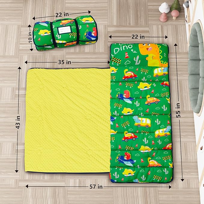 Primlect Thickened Toddler Nap Mat with Removable Pillow and Minky Blanket, Extra Large 55''x35'' Sleeping Bag, Washable, Roll up, Perfect for Daycare, Preschool, Kindergarten, Boys and Girls Dinoaur