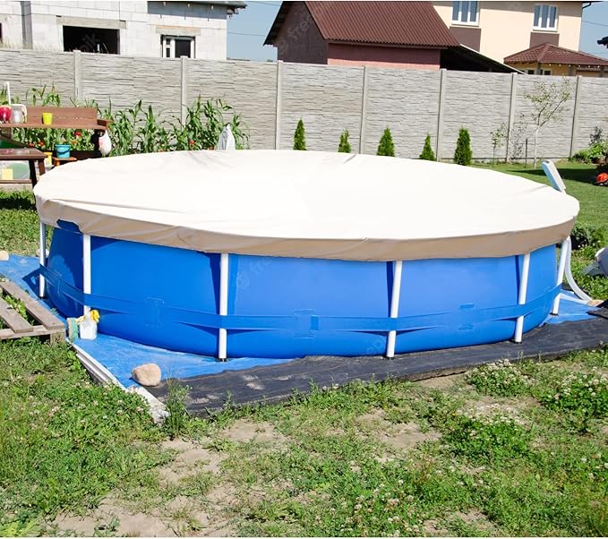 ECOOPTS 17 ft Waterproof Round Polyester Pool Cover for Above Ground Pools, Swimming Pool Cover Protector Winter Safety Cover (Beige)