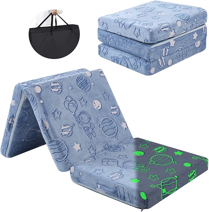 MeMoreCool Glow Space-Themed Foldable Floor Mattress for Kids, Trifold Nap Mat with Planets and Stars, Portable Daycare Sleeping Futon or Floor Bed, 57x22 Inch