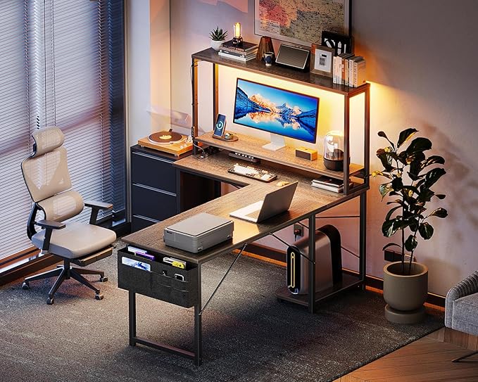 AODK L Shaped Desk Gaming Desk with LED Light & Power Outlet, 53 Inch Reversible L Shaped Computer Table with Shelf & Storage Bag & Hook for Home Office, Grey Oak