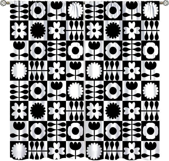 Mid Century Geometric Floral Curtains,Vintage 70s Window Treatments for Boys Girls Kids Bedroom Curtains,Boho Black and White Floral Curtains 42"" W X 54"" L, Style-10