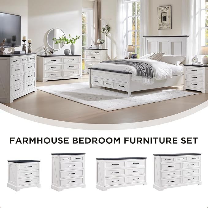 ACCOHOHO Farmhouse 6 Drawer Dresser for Bedroom, 52 Inch Wide Modern Dresser TV Stand with Large Drawers & Bar Handles, Rustic Wood Chest of Drawers for Bedroom, Living Room, Hallway, Off White