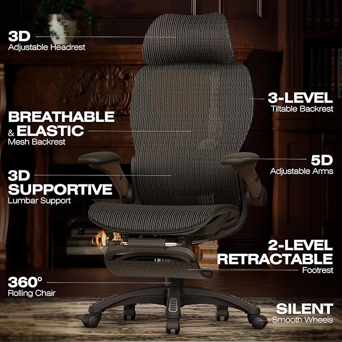 ELABEST X100 Ergonomic Office Chair with Footrest, Big and Tall Home Desk Chair with 5D Flip-Up Arms, Adjustable 3D Lumbar Support,High Back Rolling Computer Chair, Swivel Mesh Chairs (Library Oak)
