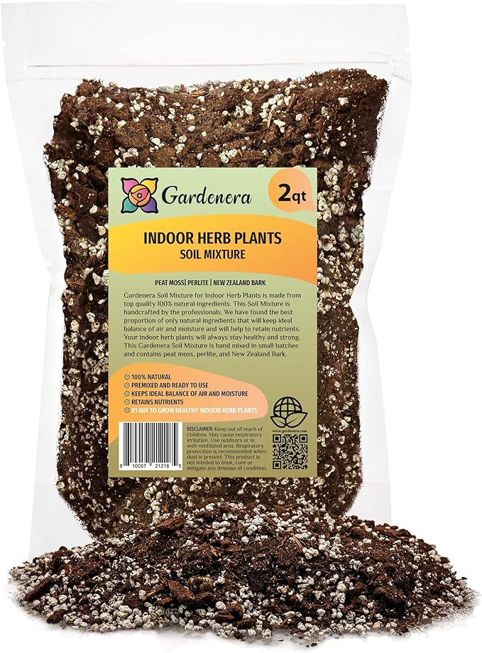 Gardenera Indoor Herb Planters Soil - Specially Blended Mixture for Growing Kitchen Herbs, 2 Quart Bag