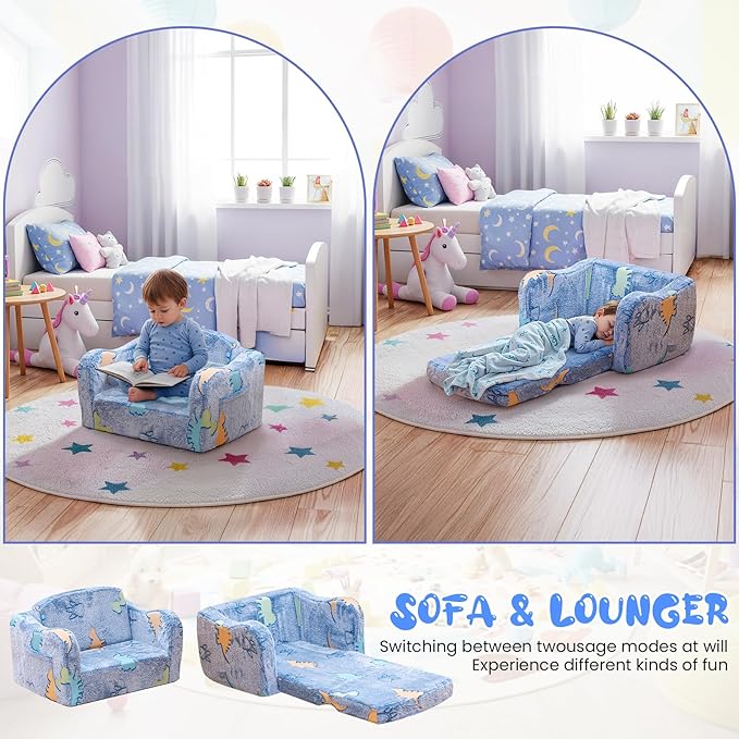 Lamerge 2-in-1 Toddler Couch,Glow in The Dark Baby Floor Bed,Foldable Toddler Chair Kids Sofa for playroom,Convertible Sofa to Lounger for Girls and Boys (Blue and Dinosaur)