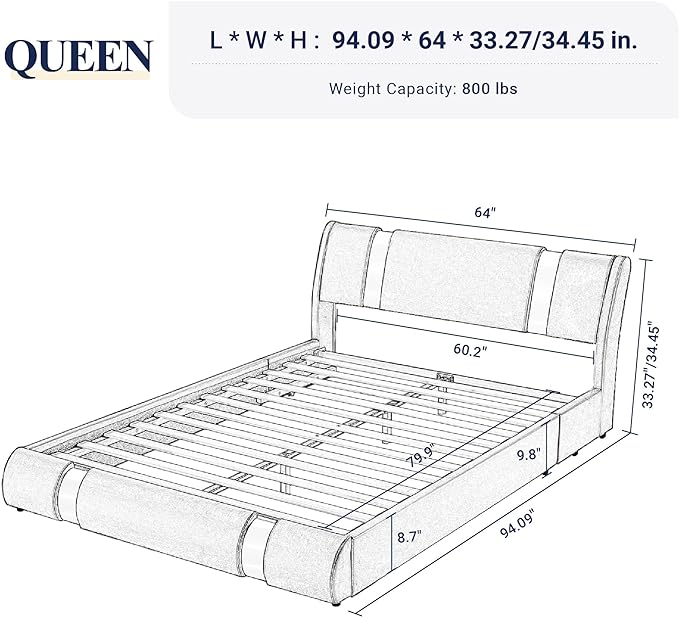 Allewie Queen Bed Frame with Iron Piece Decor, Faux Leather Upholstered Platform Bed with Adjustable Headboard & Strong Wooden Slats, No Box Spring Needed, Black and White