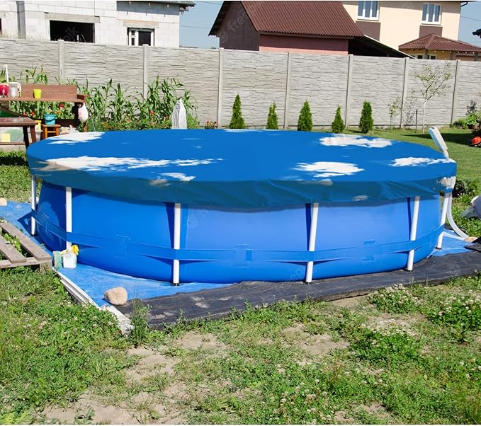 ECOOPTS 9 ft Waterproof Round Polyester Pool Cover for Above Ground Pools, Swimming Pool Cover Protector Winter Safety Cover (Blue Sky)