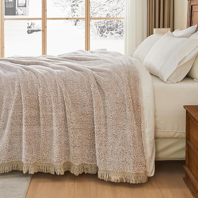 EMME Soft Sherpa Fleece Blanket with Tassel, Reversible Plush Fluffy Large Blanket, Light Weight Warm Decorative Boho Blanket Cover for Sofa, Couch, Bedroom,Travel(Tassel Khaki,60"x80")