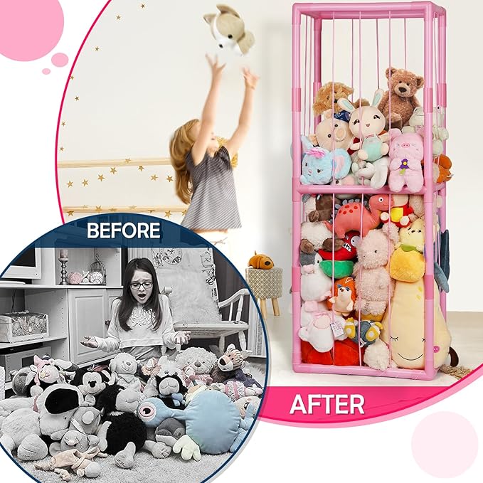 Stuffed Animal Zoo Storage Stuffed Animal Holder PVC Plush Storage Organizer Shelf with Elastic Band for Nursery Play Room Bedroom (Pink)