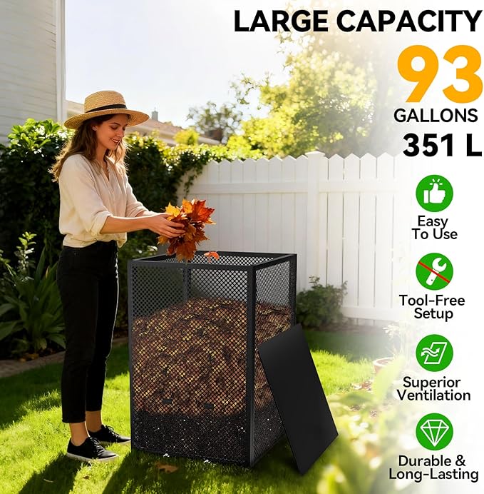 Compost Bin Outdoor - Large 93 Gallon Metal Perforated Sheet Compost Bucket with Rust-Proof Coating, Heavy-Duty & Easy Assembly, Fast Creation of Fertile Soil, for Garden, Kitchen & Yard Waste, Black