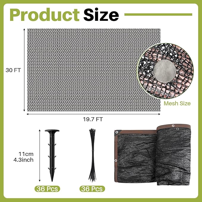 Koi Pond Netting Kit 19.7x30ft, Heavy-Duty Pe, Bird Deer Fence Netting, Durable Net Cover for Leaves, Protect Fish from Blue Heron Bird, Cats & Predators, Stakes & Ties Included