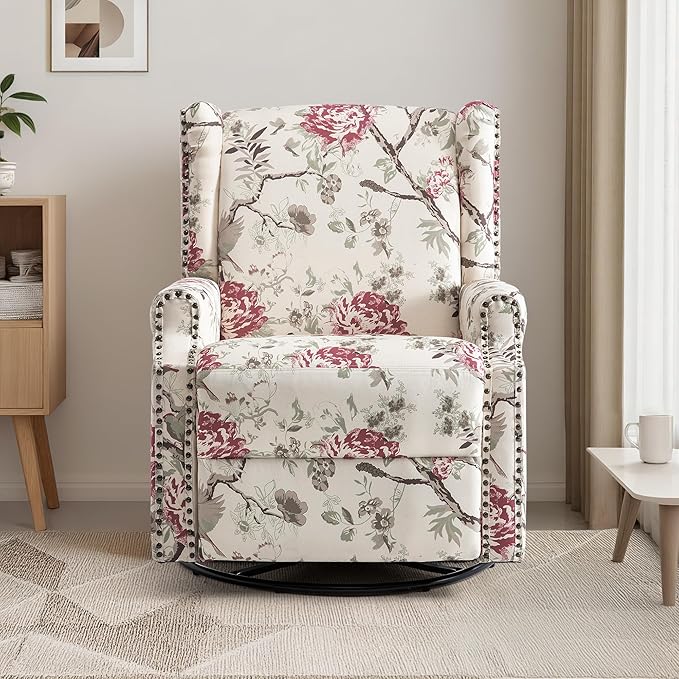 UIXE Swivel Rocker Manual Recliner Chair, Wingback Swivel Glider Fabric Nursery Reclining Sofa Chair, High Back Upholstered Arm Chair for Living Room Bedroom - Beige Floral