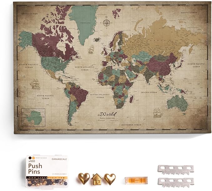 Canvas World Map with Cork Pin Board - English Lettering - Decorative Wall Decoration for All Rooms - Canvas Pictures with World Map Motif (70x50 cm, Pattern 12)