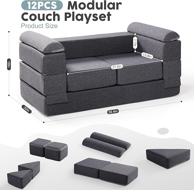 ROBOTIME Modular Play Couch for Kids – Convertible Foam Toddler Sofa for Boys & Girls, Kids Couch for Playroom & Bedroom, Versatile Building Sofa for Forts and Reading Nooks (Space Grey)