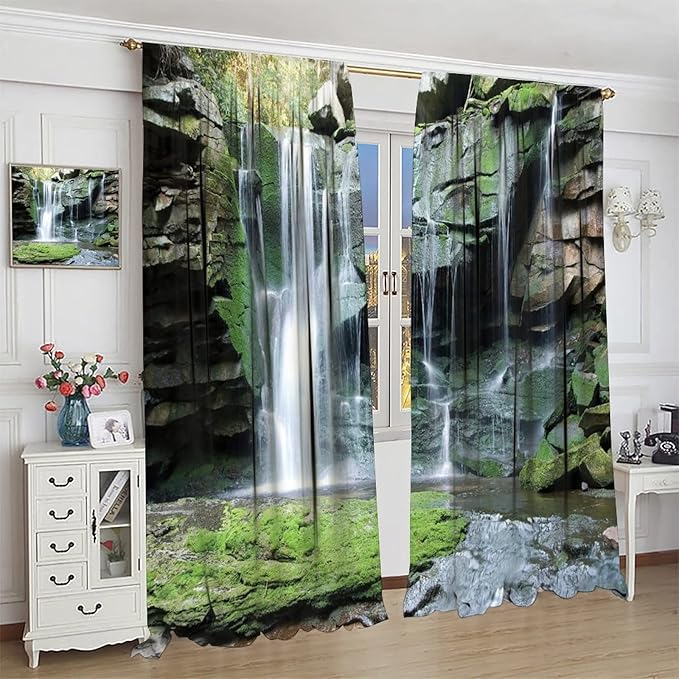 Forest Waterfall Blackout Windows Curtains, Rocky Waterfall to Pond Running Off Scenic Nature Themed Picture Print Curtains, for Living Room Bedroom 72x63in 2 Panels