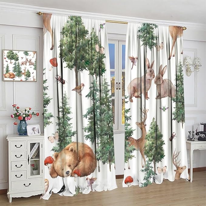 YCness Forest Animal Curtains, Wild Animals Watercolor Woodland Bear Rabbit Cartoon Window Treatments for Kids Bedroom Living Room Kitchen Living Room Drapes, 63x72 Inch