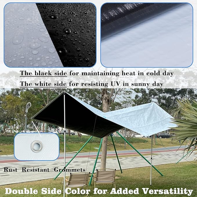 14Mil White/Black Heavy Duty Waterproof, 6.5x10 Ft UV Resistant Tarps with Grommets, Reversible Multipurpose Outdoor Protective Tarp Cover for Camping, Patio, RV, Pet Hutch Roof or Kennel