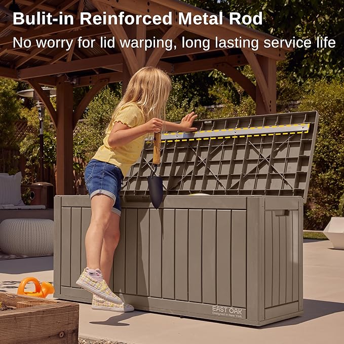 EAST OAK Outdoor Storage Box, 60 Gallon Deck Box Indoor and Outdoor Use, Waterproof Resin Storage Bin for Patio Cushions, Gardening Tools, Lockable, UV Resistant, Brown