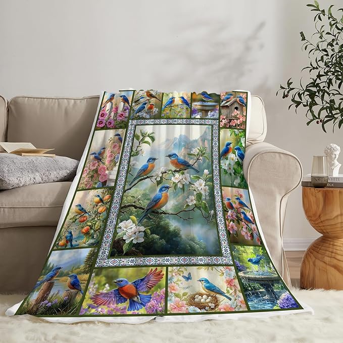 Blue Hummingbirds Blanket Moutain Flowers Bird Throw Blankets Gifts for Girls Boys Women Cozy Warm Soft Fuzzy Flannel Throw Plush Stuffed Animal Fleece Gifts for Kids Men Women for Sofa Bed 50" x60"