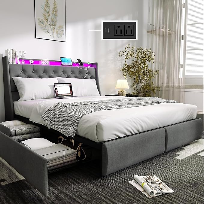 Queen Bed Frame with 4 Storage Drawers, Upholstered Headboard, LED Lights